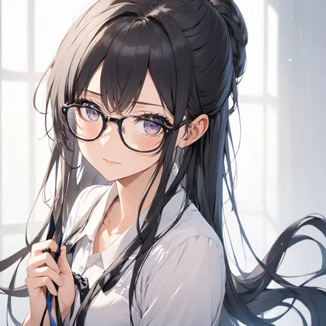 1 girl, black hair,long hair, glasses,ready your bow