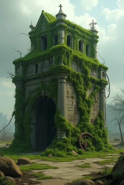 M K A  .  has a post-apocalypse text covered with moss and plants, steampunk.