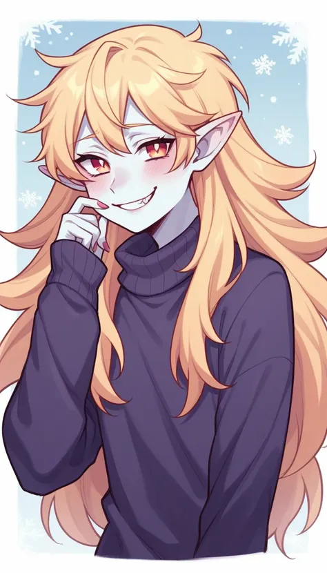   best quality ,  very detailed illustration, (Vampire boy :1,7), pointed ears ,snow-white skin , disheveled fluffy golden hair,  beckon a playful look, Slim,  perfect body , Simple drawing, Artifyber style, pastel flat colors, Cute,  cartoon , a femboy, s...