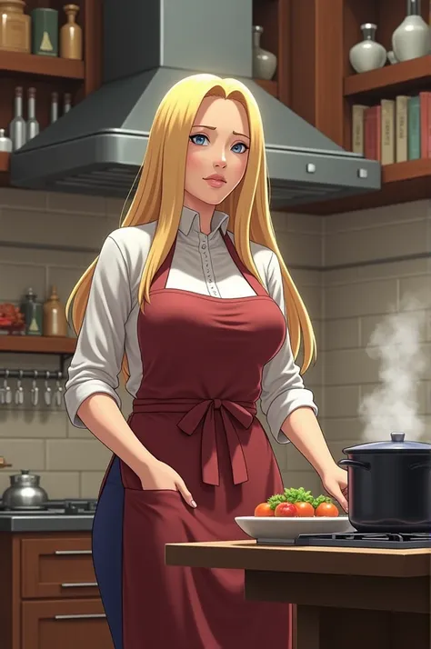 Generate an realistic image of Lady tsunade from naruto doing cooking in the kitchen wearing aprun