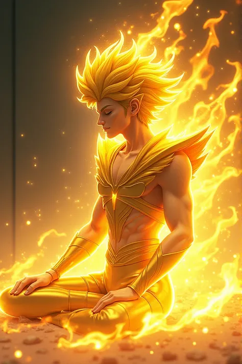 Saint Seiya Shakas Virgo ,  with their eyes closed,  character engulfed in a wind of flames that goes from left to right 