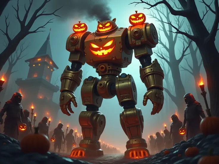 (Hyper realistic) (League of Legends Blitzcrank, Steam Powered Golem styled as a Halloween horror, bright Jack O Lanterns on each shoulder, Orange and black color scheme with brass high lights, his chest is now a bronze Jacko o Lantern themed Hellfire furn...