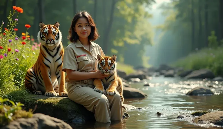 3D hyper-realistic photo artwork of a Malay woman, 40, with a face-framing layered hairstyle, wearing a cream Animal Rescue uniform. She sits on a mossy rock by a shallow, clear river in a lush, vibrant forest. In her arms, she holds an adorable white tige...