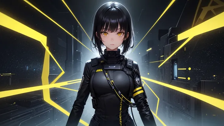 from future intelligence, technology background, complex mission, sudden mystery, unexpected result, unknown variables, strange data, confident look, space black pioneer dress, yellow eyes, black hair
