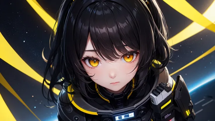 from future intelligence, technology background, complex mission, sudden mystery, unexpected result, unknown variables, strange data, confident look, space black pioneer dress, yellow eyes, black hair
