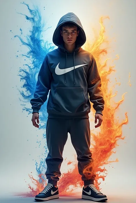 Create a digital artwork of a young man in a hooded Nike sweatshirt  on ‘C’ with swirling blue fire 🔥 on one side and fiery orange flames on the other. The background is gray, highlighting the intense contrast between fire and water around him, with detail...