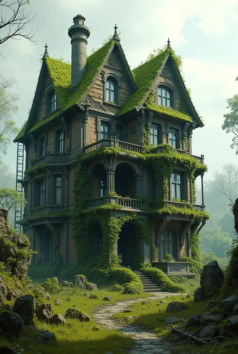 five-story house overgrown with moss and post-apocalypse plants, steampunk.