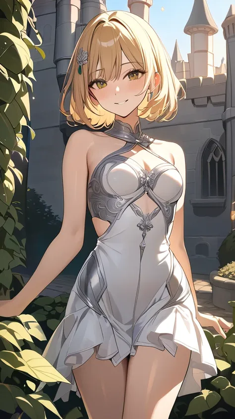 1 girl, ( Elegant Face ), smile,  blonde hair , hime cut, ( elegant mini dress:1.2), Silver Decorated Armor ,  medium chest, 170 cm tall,  Confident Look 
BREAK , In the rising sun , (Warm Light:1.3),  Dreamy Atmosphere ,  Soft Shadows 
BREAK ,  Castle in ...