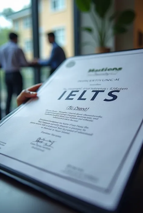  A close-up of a "Congratulations" IELTS certificate or high band score result, overlaid with inspirational text like "Your Dream Awaits!" The background could feature a blurred image of a university campus or office and motivation speech like যে IELTS  দে...