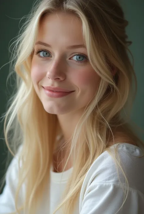 (Close-up of a better masterpiece:1.5)0.9], Russian girl, (age 24: 1.3), (long straight blonde hairs), (blue eyes: 1.3), (fair complexion: 1.3), high cheekbone, gracious neckline, garden, (8k, ultra-realistic, photography) (beautiful round neck t-shirt) (b...