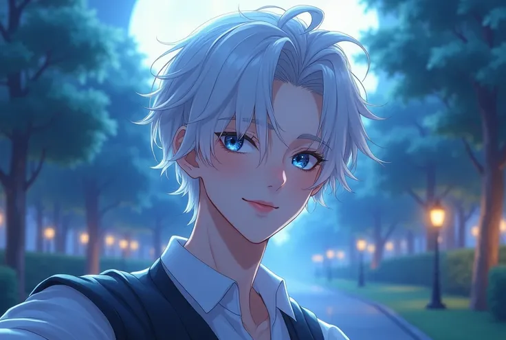 Anime of a pretty boy with white hair and blue eyes, background park, selfie, night, background light, Flequillo, Cabello blanco, Rubor, Sonrisa, 