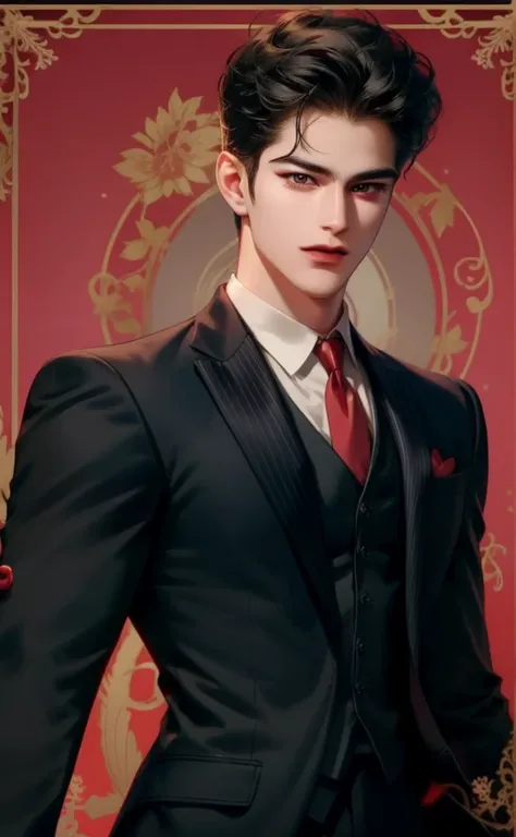 Theodore was born on November 27, 1992. He is 32 years old. hight school teacher. He has a muscular body, good looks like a god, black hair,  red eyes, likes to wear a neat suit to teach. 