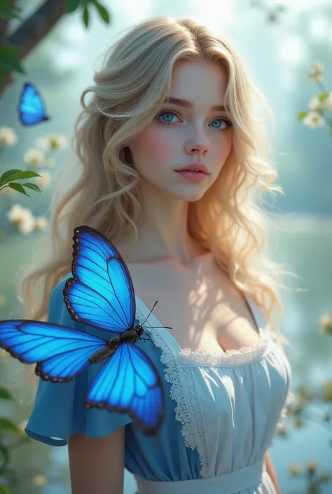 Woman blue eyes long blond hair blue dress white apron and a big blue butterfly flying 