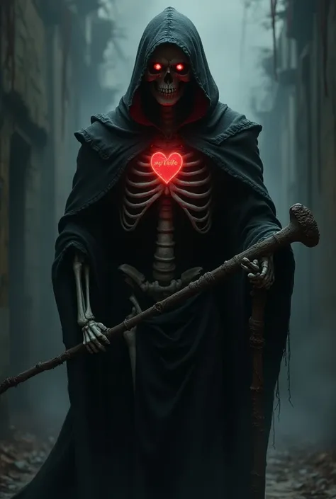  hooded skeleton man with a heart on his chest and a name "My life " With a cane . Gothic woman looking at him in defiance 