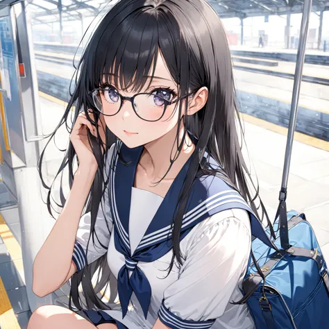 1 girl, black hair,long hair, glasses, sailor suit, station platform