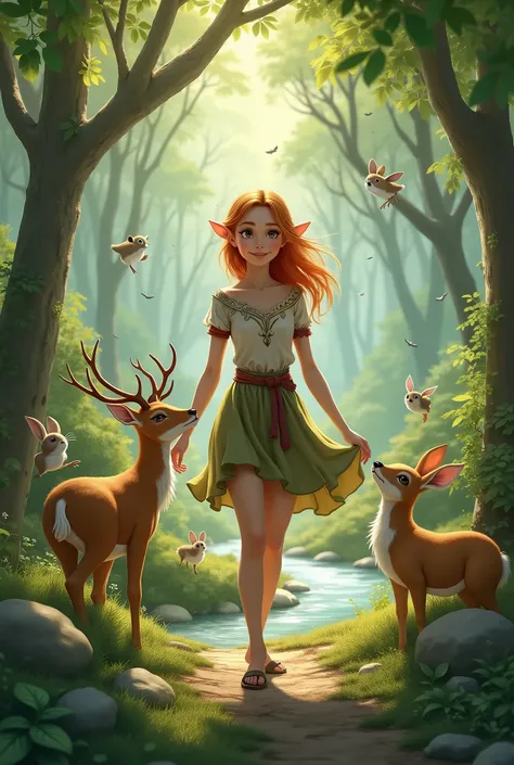 An elf girl living in the woods , Very realistic details, Bright colors,  is playing well with animals around her 