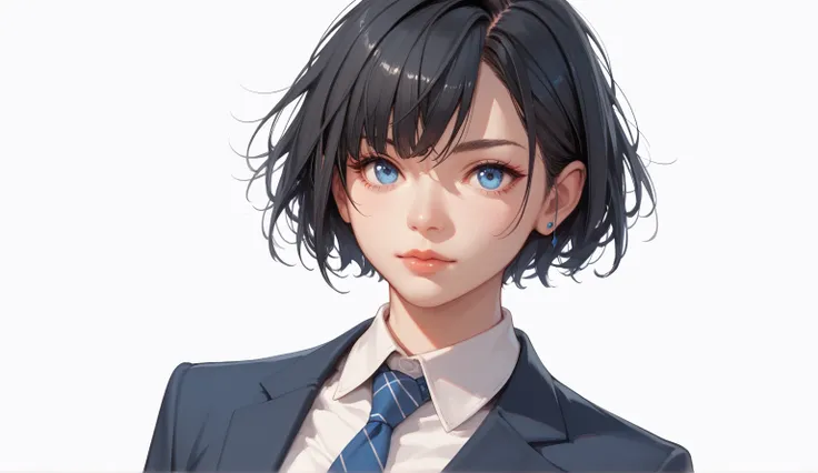 1girl, short black hair, blue eyes, wearing suit, white background, absurdres, high res, ultrasharp, 8K, masterpiece