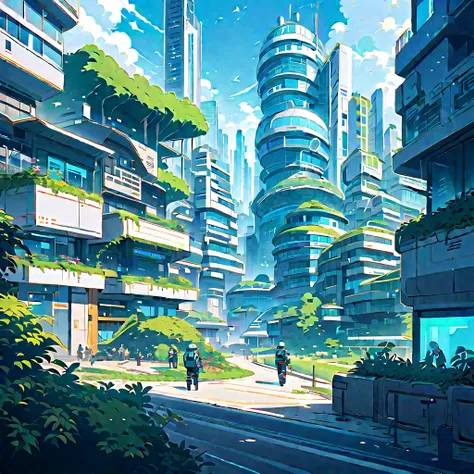 An anime-style medium shot of a futuristic city with lots of gardens. The city is green and ecological, with humanoid robots performing maintenance tasks. People are walking around and look happy. The background contains tall buildings with large windows. ...