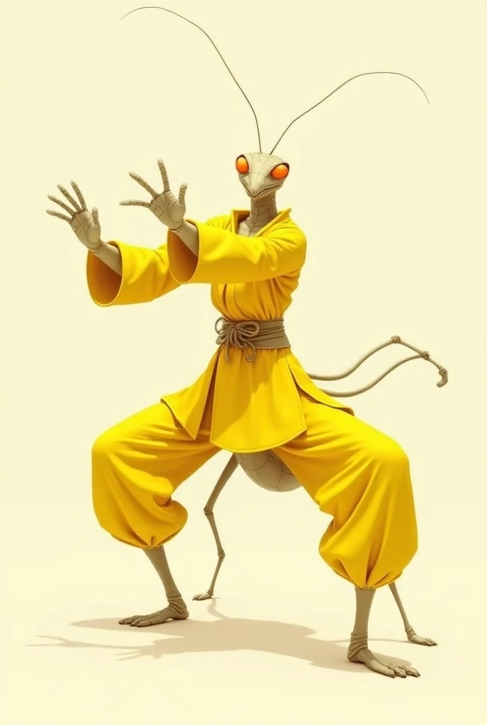 A mantis. Wearing a Yellow martial arts outfit. Doing a martial arts pose. 