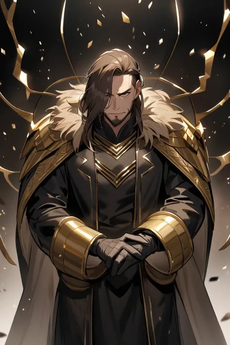 One man of 40 years old. A majestic figure. The eyes are maroon in color. A small brown beard. Her brown hair is combed back.  He is wearing a black coat with gold inserts. Under the coat, the clothes are dark brown. The gloves are dark in color.