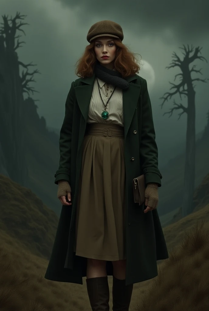 Adult woman with a serious gesture and mysterious aura , white skin,  thick fluffy brown hair , very dark and mysterious landscape , traditional clothing from the 40s (white loose-fitting shirt ,  warm cap woven with dark brown wool,  large warm coat in ve...