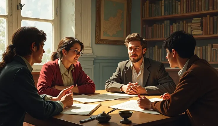  A group of students in an old classroom, debating philosophy ,  surrounded by maps and old books 