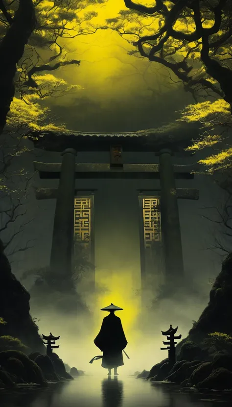  emits a powerful and creepy presence 、A yellow-eyed man 、 the surrounding woods are dense and heavily shaded 、 giving life to an eerie environment 。The person is、 stands near a torii gate towering in the middle of a dark, foggy forest。 emits a powerful an...