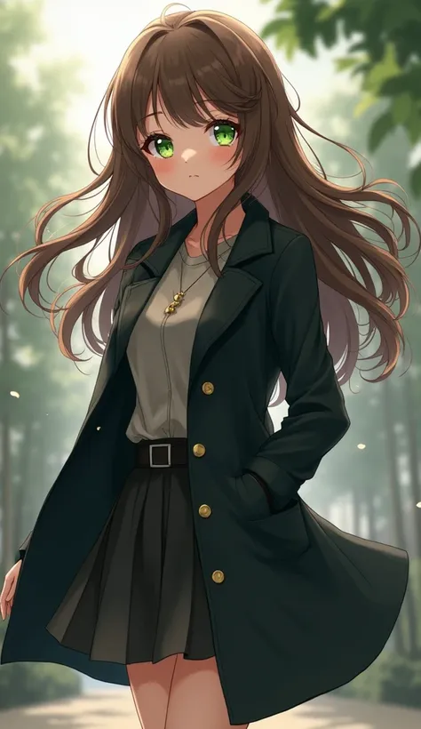 Beautiful cute  (drawn)  anime girl with green eyes and wavy long brown hair in a long unbuttoned black trench coat,  position fully developing in the wind ,  looks at the viewer .