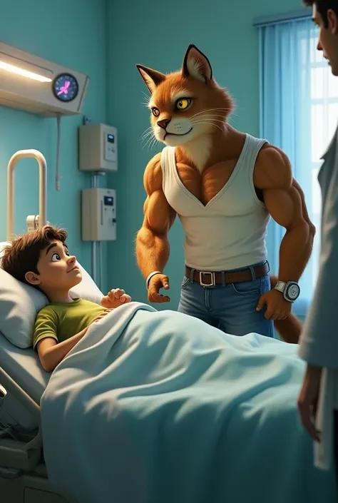 Show Ek Billa, a muscular, anthropomorphic cat with human-like features like whiskers, pointed ears, and expressive yellow eyes. He’s wearing a white vest and blue jeans. : In a hospital room, a doctor examines Ek Billa’s son, who is lying on a bed. Ek Bil...