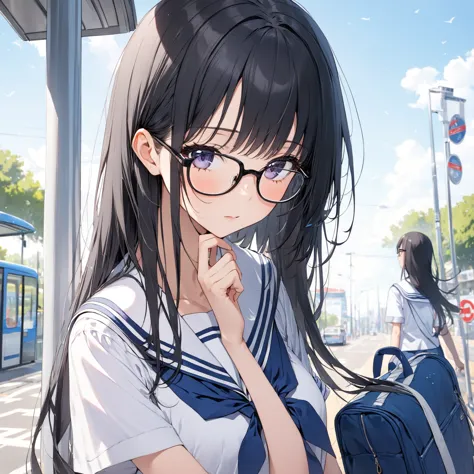 1 girl, black hair,long hair, glasses, sailor suit,bus stop