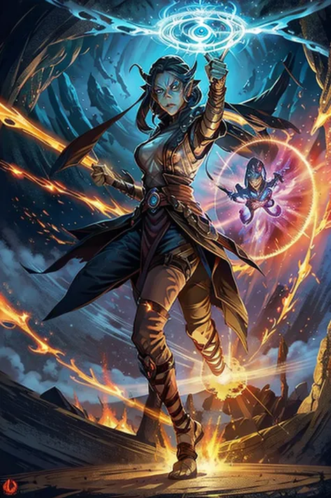 a female gith'yanki battle mage, full equipment, holding a portal to the 9 hells open, large portal to a burning lake