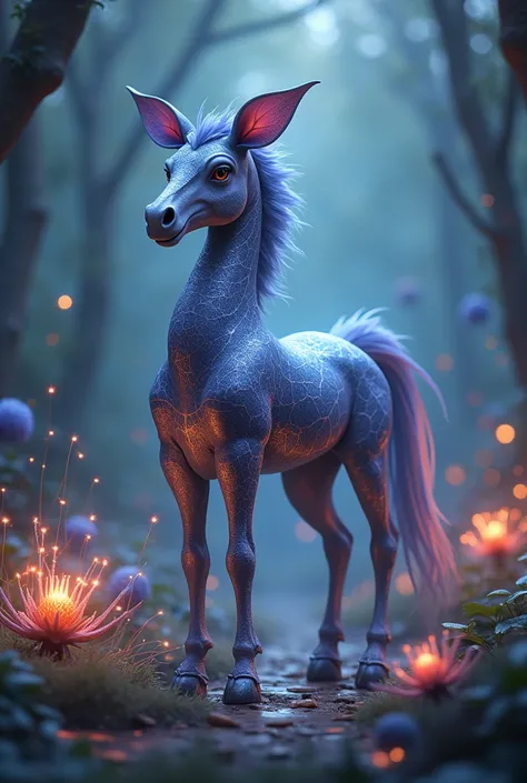 Create a magical illustration of a hybrid creature that blends the features of a spider and Horse  The creature should have the majestic body of an horse with oversized ears and a long tail , adorned with intricate, shimmering patterns reminiscent of a spi...