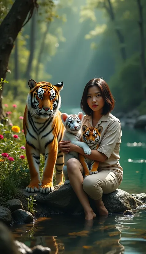 3D hyper-realistic photo artwork of a Malay woman, 40, with a face-framing layered hairstyle, in a cream Animal Rescue uniform. She sits on a mossy rock by a shallow, clear river in an extremely dense forest, where thick trees and foliage block almost all ...