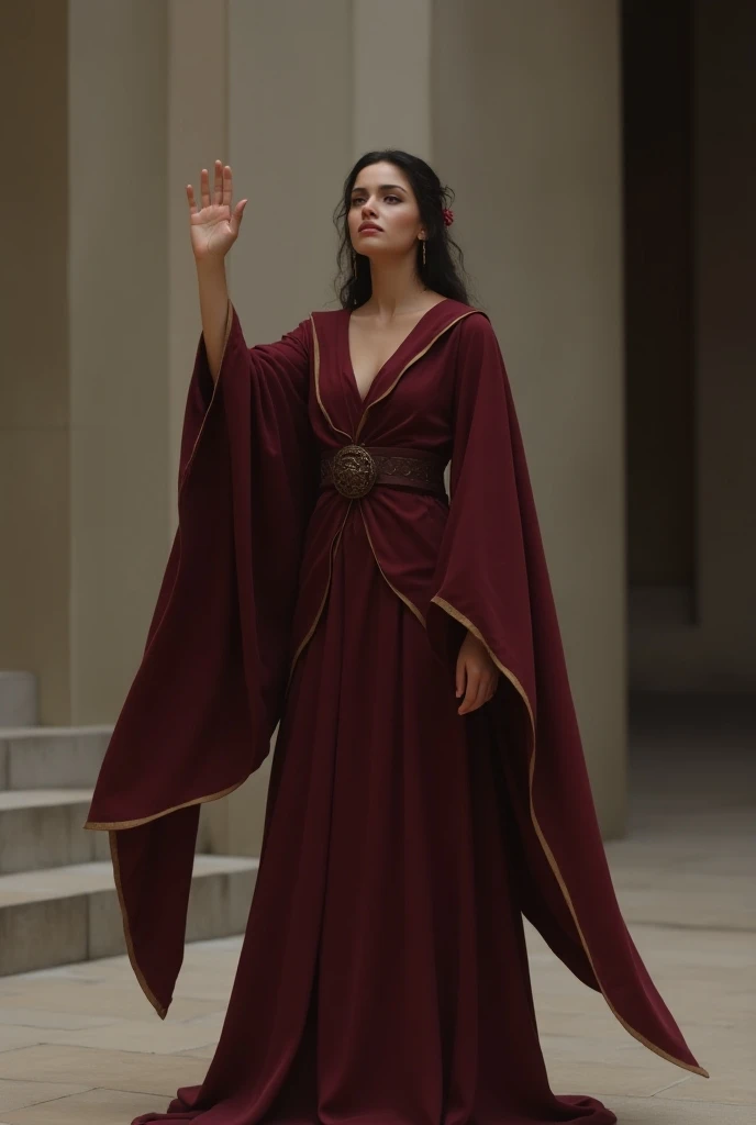  beautiful woman,  dressed as a monk in a wine-colored suit, raising my hand of oath 