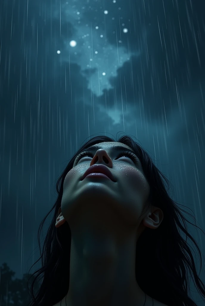 First-person view of someone looking up at the sky while its raining a lot at night with starry skies