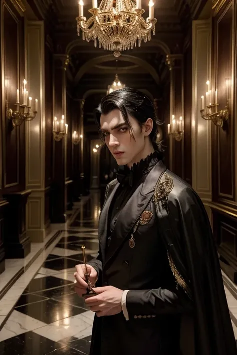 "A handsome, aristocratic Dracula walks through a grand palace at night. His refined features are striking, with pale, flawless skin, piercing dark eyes, and a slight smirk that exudes both charm and menace. His slicked-back black hair complements his high...