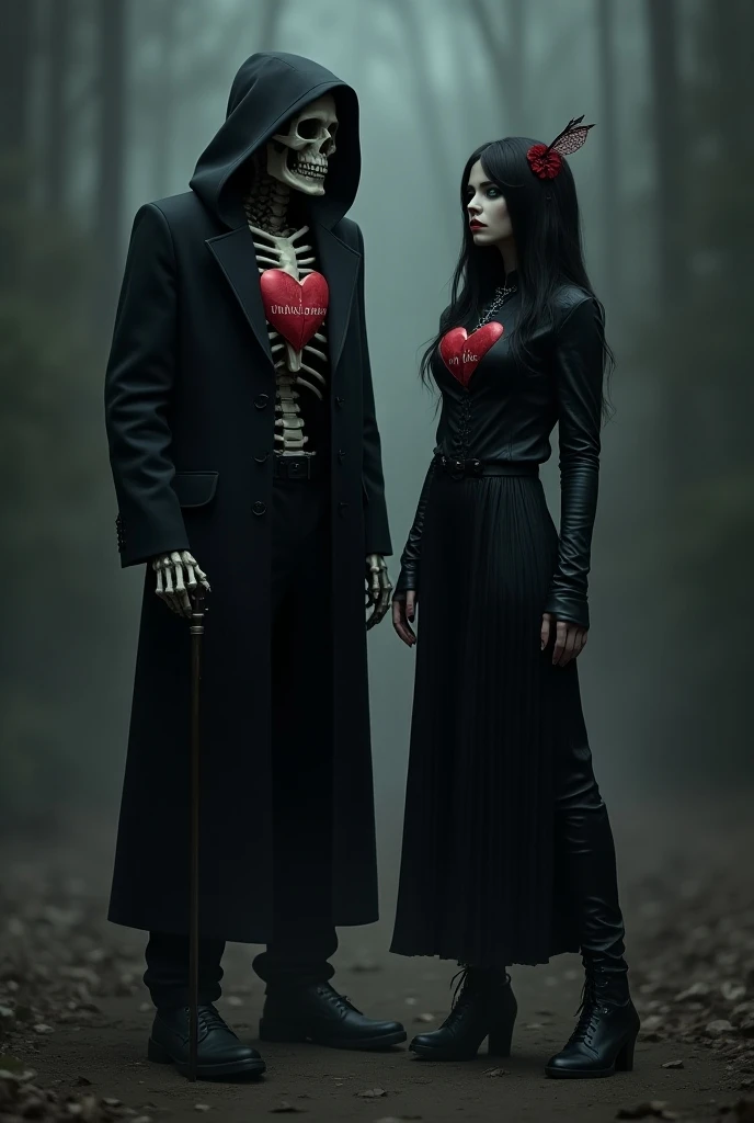 hooded skeleton man in a black suit and pants with a heart on his chest inside his heart a name "My life " With a cane .  goth woman looking at him defiantly blue eyes bow on his head long black hair high boots
