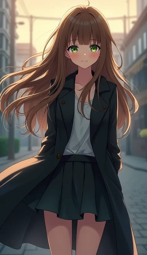 Beautiful cute  (drawn)  anime girl with green eyes and wavy long brown hair in a long unbuttoned black trench coat,  position fully developing in the wind ,  looks at the viewer .