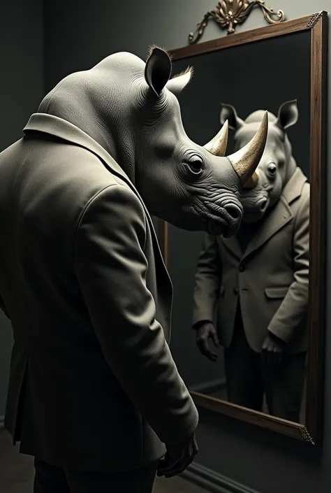 Evil adult rhinoceros taking a picture in the mirror wearing a cloth suit