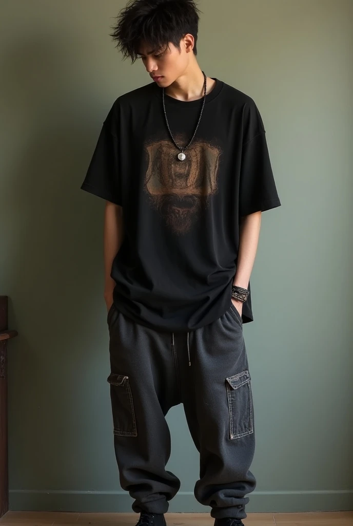   A young man dressed in a nu metal style from the early 2000s ,  in a comfortable outfit to be at home .  He wears a loose cotton t-shirt in black ,  with a worn print of a band or tribal symbol on the chest .  The t-shirt is slightly discolored ,  giving...