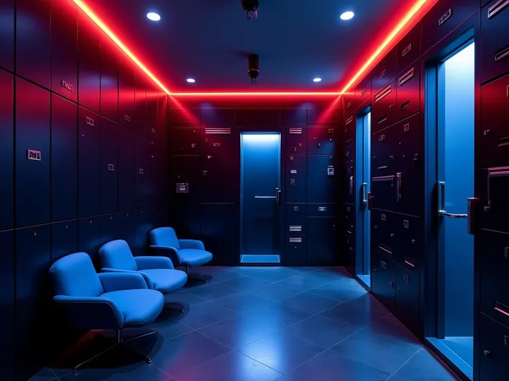 The security room of an exclusive nightclub, equipped with high-tech lockers that can only be opened with digital recognition. Strategically positioned security cameras monitor the room, ensuring strict control. Two elegant and discreet blue waiting chairs...