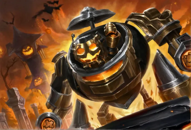 (Hyper realistic) (League of Legends Blitzcrank, Steam Powered Golem styled as a Halloween horror, bright Jack O Lanterns on each shoulder, Orange and black color scheme with brass high lights, his chest is now a bronze Jacko o Lantern themed Hellfire furn...