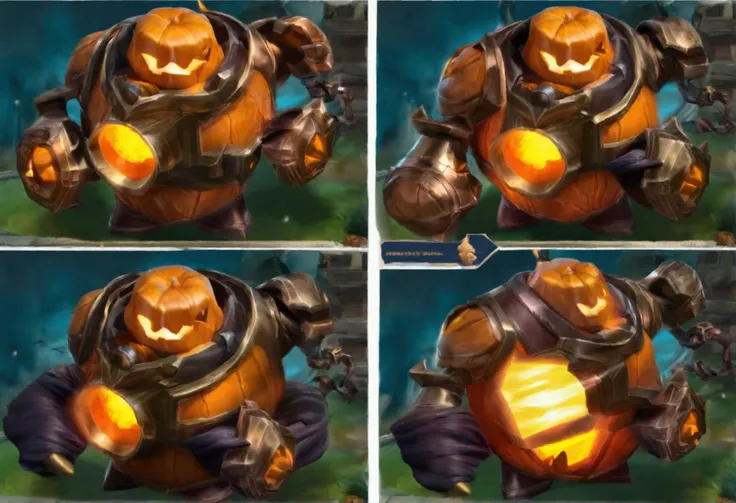 (Hyper realistic) (League of Legends Blitzcrank, Steam Powered Golem styled as a Halloween horror, bright Jack O Lanterns on each shoulder, Orange and black color scheme with brass high lights, his chest is now a bronze Jacko o Lantern themed Hellfire furn...