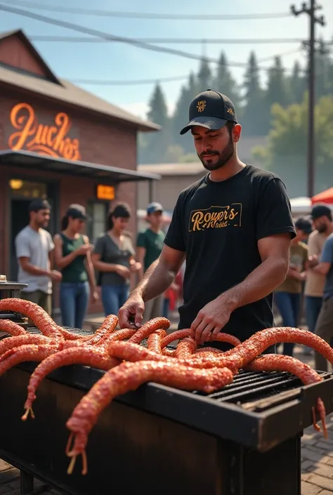 Create a realistic image of a long tentacular grill and the man in the cap and black t-shirt written Rogers kabobs ,  in the background has a small house made of brown bricks written Ducks Burgers and there are people lining up in front of the grill.