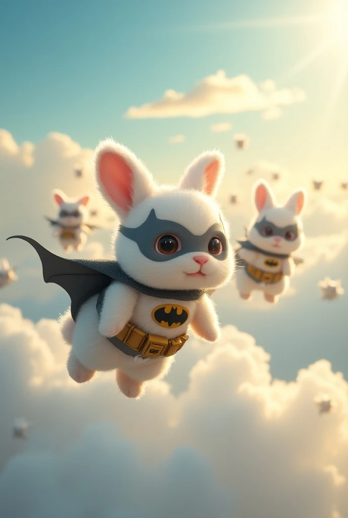 Little bunnies flying in the sky high together in Batman costumes