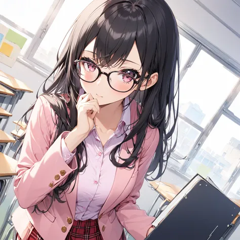 1 girl, black hair,long hair, glasses,blazer, pink shirt, red check skirt,classroom