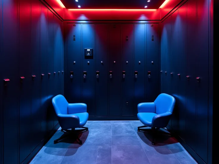 The security room of an exclusive nightclub, equipped with high-tech lockers that can only be opened with digital recognition. Strategically positioned security cameras monitor the room, ensuring strict control. Two elegant and discreet blue waiting chairs...