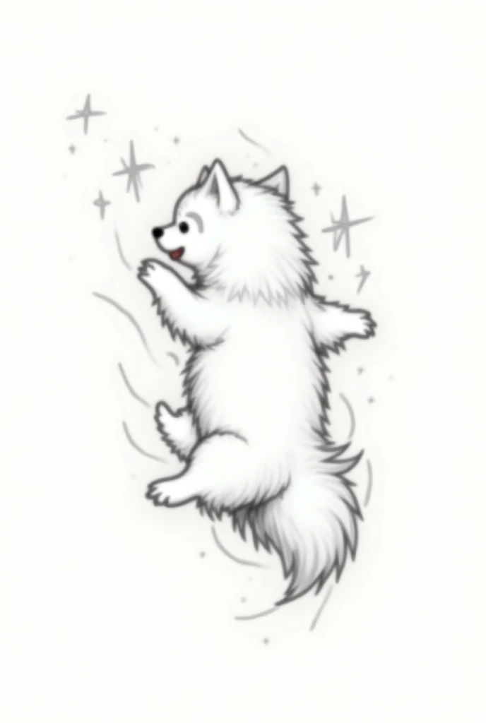 Create a sketch-style tattoo, Of a spiritual Samoyed flying Superman-style where you can see his back