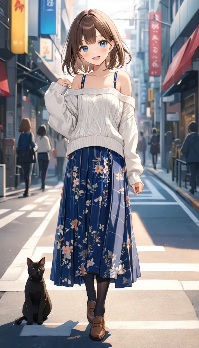 full body、 best quality,high image quality,masterpiece,  casual, white (( off shoulder sweater)), one person, very cute girl、com...