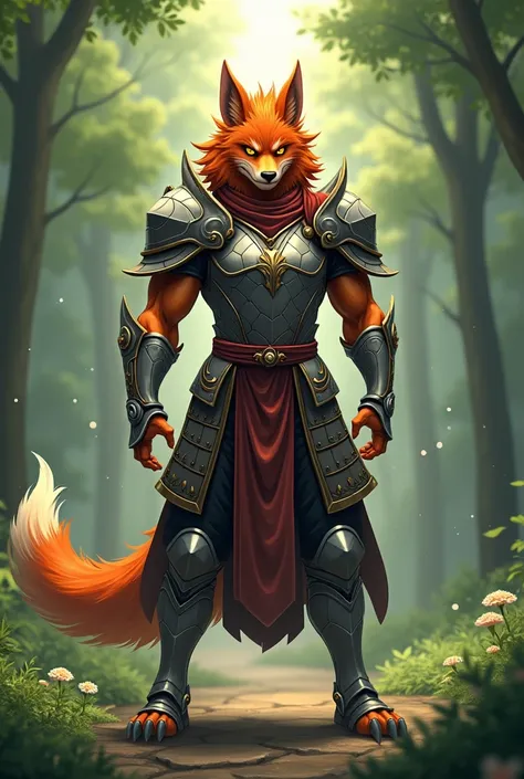 solo, kemono, (digimon), (kurama from naruto), anthro, male, tail, muscles, handsome, armor, medieval, fantasy, outdoors, outside, forest, toe claws, epic, depth of field, perfect lighting, (light particles),(best quality),(masterpiece),(ultra detailed),sh...